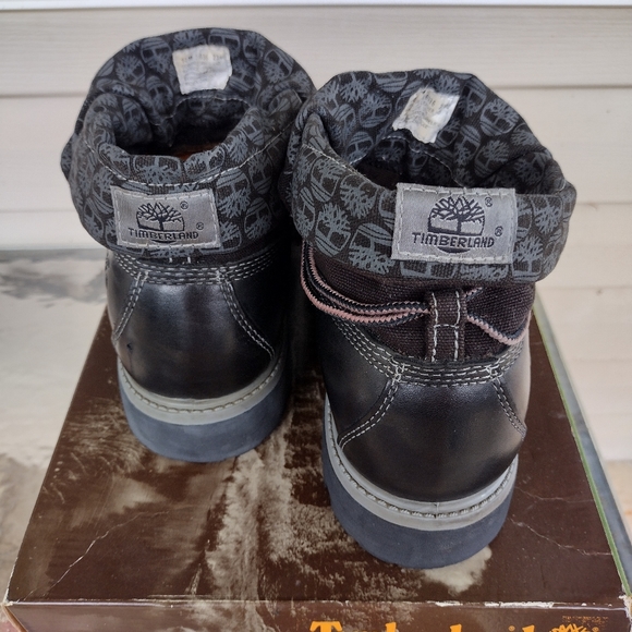 Rare Timberland Roll Top 6 Inch Black Smooth Leather Boots Timberland Fabric Top - Picture 3 of 13